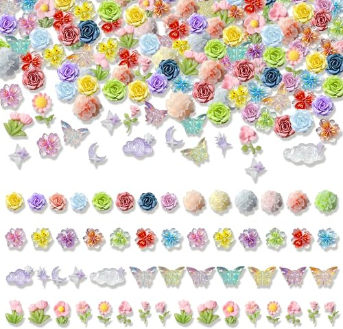 YinnFeen 225 Stück Harz Blumen Charms, Bunte Harz Blume Deko Zubehör, Mini Resin Kunstharz Blumen Slime Charms 3D Nail Art Charm für Erwachsene DIY Nagel Scrapbook Basteln Handyhülle