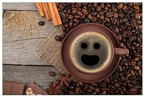 Wallario Küchenrückwand selbstklebend 90 x 60 cm, Motiv: Lustige Kaffeetasse mit einem Lächeln - Kaffeebohnen und Zimt | Spritzschutz abwischbar & pflegeleicht