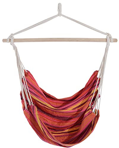 Outsunny Outdoor Hanging Rope Chair with Cotton Rope, Garden Hammock Chair with Wooden Support Bar Cotton Cloth, Portable Garden Chair for Patio & Tree, Red