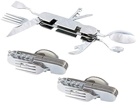 PEARL Taschenmesserbestecke: 3er-Set 9in1-Edelstahl-Klappbesteck für Camping und Outdoor (Outdoor-Besteck Edelstahl, Besteck-Sets, klappbar)