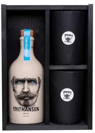 Knut Hansen Dry Gin 42% Volume 0,5l in Holzkiste mit Keramiktasse