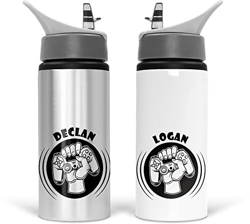 Print Maniacs Personalised Water Bottle Gaming School Sport Drink 600ml Leakproof Spill Proof Aluminium Hot Cold Flip up Kid Boys Girls Biking Gift (Add Name)