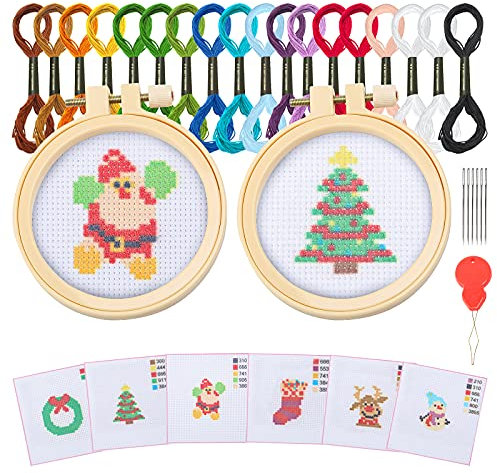 通用 Stickerei Set Stickpackung mit 6 Muster Runde Einstellbare Anfänger Stickerei Tool mit 2 Stück Bambus Stickrahmen, Farbiger Faden, für DIY Kunst, Handwerk, Nähen (Weihnachten)