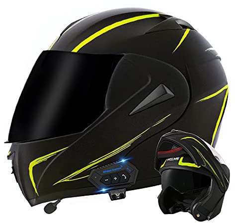 Motorrad Klapphelm Bluetooth Integralhelm Motorradhelm Matt Schwarz Gelb Modularer Erwachsener Crash-Helm für City Pendler Doppelvisiere Anti-Fog-Linse ECE/DOT-zertifiziert (B,M(57~58 CM))