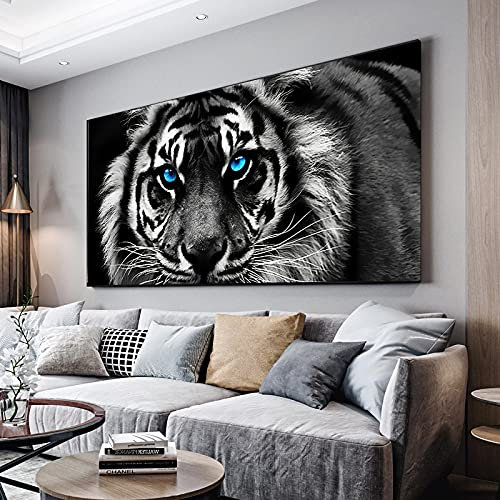 SXKJ Blaue Augen Tiger Wandkunst Leinwand Gemälde Schwarz Weiß Poster und Drucke Tiere Kunst für Wohnzimmer Wohnkultur 80x160cm Rahmenlos