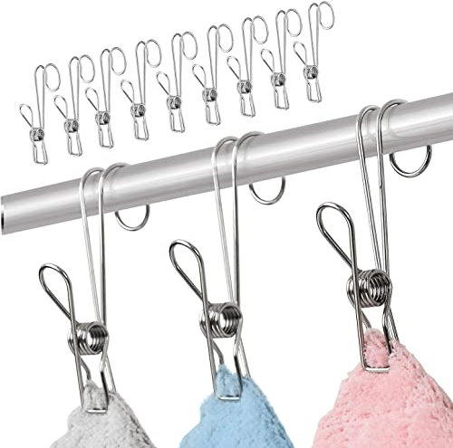 Confezione da 12 mollette in acciaio inox 304, a coda lunga, con ganci, universali, per cucina, bagno, ufficio