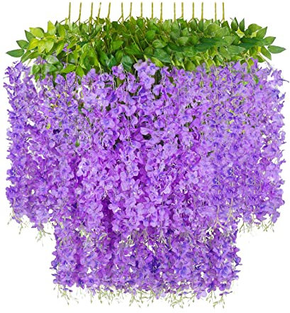 12 Pièces Artificielle Fleurs Faux Wisteria Vigne Glycine Fausse Fleur Artificielles Faux Plantes Suspendues Plastique pour la Décoration de Mariage Domicile Fete Bureau Hôtel Rebord de Fenêtre Purple
