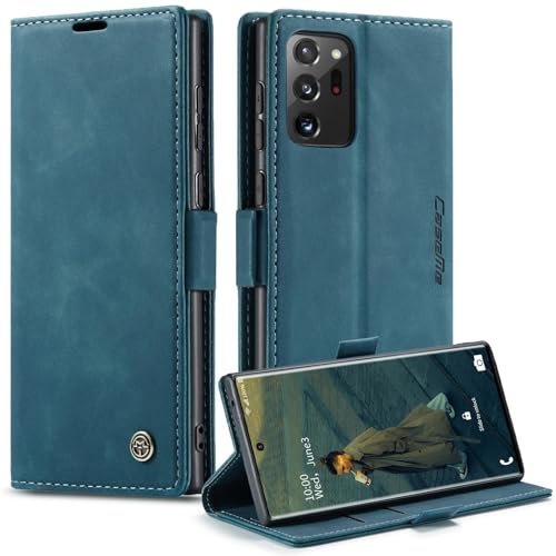 CaseMe Hülle für Samsung Galaxy Note 20 Ultra Vintage Dünne Handyhülle mit Kartenfach Geld Slot Ständer PU Ledertasche Flip Schutzhülle für Samsung Galaxy Note 20 Ultra- Blaugrün