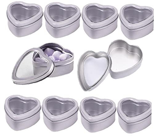 Haowul 10 Pack Metal Tins, Heart Shaped Empty Tin Box with Lids, Candle Jars Gift Storage Container Cans with Clear Window for Candle Making, Candies, Treasures