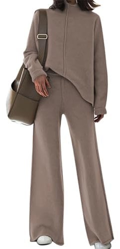 Viottiset Damen Gestrickte Outfits Stehkragen Pullover Weites Bein Hosen Zweiteilig Set Sweatsuit Loungewear Khaki M