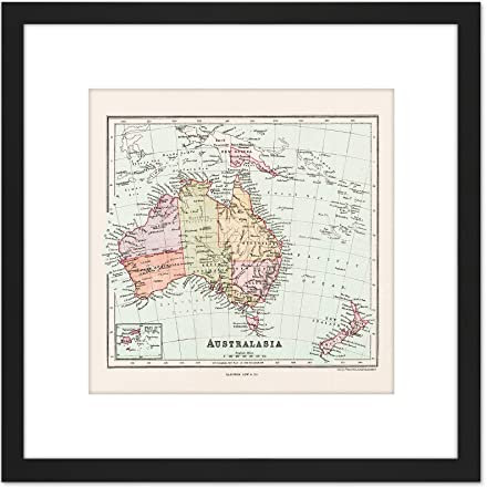 Artery8 Map Sampson Australasia Australia Fiji 8X8 Inch Square Wooden Framed Wall Art Print Picture with Mount