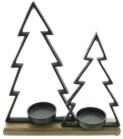 FRANK FLECHTWAREN Kerzenhalter Tannen, Metall, Mattschwarz, Mangoholz, naturbelassen, möbelschonende Kunststoffnoppen Maße: 31 x 9 x 33 cm, passend für Kerzen max. Ø 6 cm, ohne Kerzen