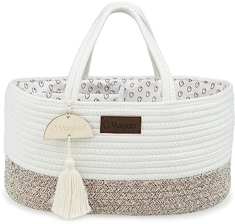 Yunioo Nappy Caddy Organiser for Baby Essentials for Newborn, Diaper Changing Bag, Baby Shower Gifts Basket, Diaper Caddy for Changing Table and Changing Mat, Toy Storage Basket - White/Beige