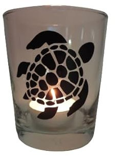 Lichtidee Teelicht Glas Windlicht Tischlicht Print schwarz mit Schildkröte/Turtle schwarz Herbst Handmade Unikat Maritim Geburtstag Ostern Muttertaggeschenk, Höhe 8cm,