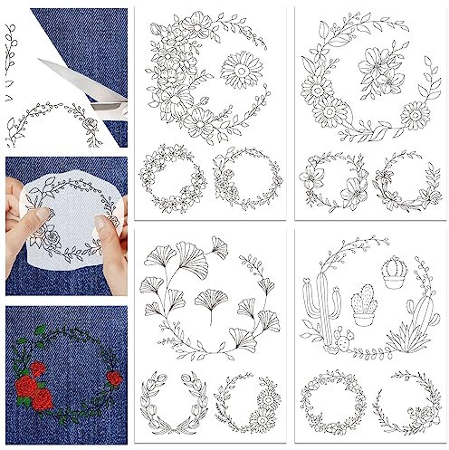 GLOBLELAND 4 Blatt Blumen-Blatt-Kranz-Muster, Wasserlösliche Handnähstabilisatoren Für Stoff, Stickerei, Stichübung, Stickaufkleber, Abwaschbare Stabilisatoren Für Stickerei