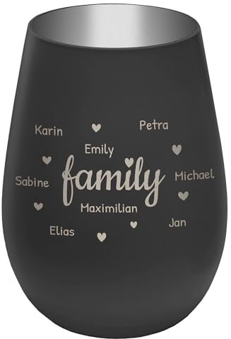 Windlicht mit Gravur Family - personalisierbar mit Namen - Außen Schwarz/Innen Silber - Höhe 12 cm - Teelichthalter Kerzenhalter Vornamen Familienmitglieder