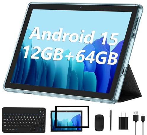 Tablet Android 14 2025 nuovo 10 pollici tablet con 6 GB di RAM + 64 GB ROM + 1 TB Ouad-Core espanso, tablet 2 in 1 con tastiera mouse WiFi 6 Bluetooth, tablet touch screen IPS certificato GMS - Set
