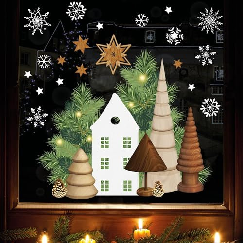 Wandtattoo Loft Fensterbilder Weihnachten mit Haus und Tannenbäumen Motiv – Wiederverwendbar – A3 Bogen – Weihnachstdeko Fenster Kinderzimmer, Weihnachtsbilder Fenster, Fensterbild Winter
