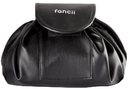 Fancii Kosmetiktasche mit Kordelzug, veganes Leder, wasserdichte Kulturtasche für Reisen, großes Fassungsvermögen, leicht zu reinigen, auslaufsicher, tragbare Make-up-Tasche, Demi (Schwarz)