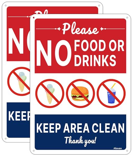 Cartello No Food or Drink Keep Area Clean, 25,4 x 17,8 cm, in alluminio antiruggine, resistente alle intemperie, facile da installare, per uso esterno, confezione da 2