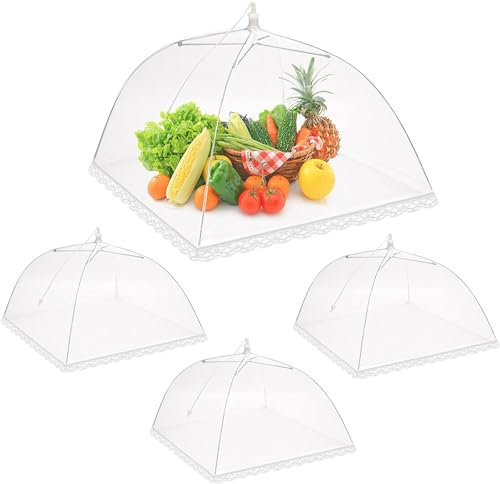 4 Pack Mesh-Material Fliegenhaube Speiseschirm, Abdeckhaube für Essen, Faltbare Kuchenabdeckung Fliegenschirm Lebensmittel Abdeckung, Perfekter Insekten schützen für Essen, Obst, BBQ, Weiß,15X15In