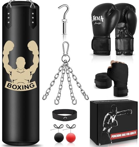 NZQXJXZ Sac de Frappe Suspendu 120cm - Équipement d'Entraînement de Boxe Non-Rempli avec Balle Réflexe, Gants MMA, Bracelet - Set pour Karaté, Kickboxing, Muay Thai