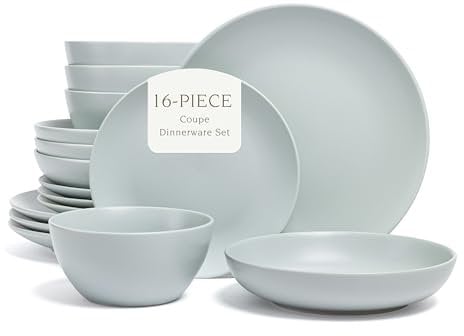 over&back Coupe Dinnerware Set - Stoneware Dishes - Comes with 4 Dinner Plates, 4 Salad Plates, 4 Cereal Bowls, and 4 Dinner Bowls - 16-Piece All-Occasion Place Settings - Semi-Matte Fog Blue