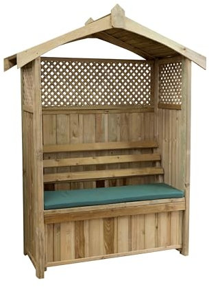 Barcelona Garden Arbour Seat with Trellis & Storage Bench with Seat Pad - 10 year warranty against rot (Green Pad)