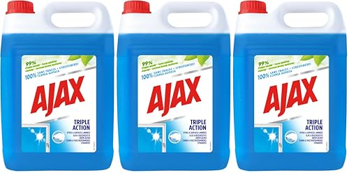 Ajax Produit Nettoyant Vitres Triple Action Ajax, Pour des Vitres 100% Sans Traces et 100% Transparentes, Nettoyage en Profondeur, Formule 3 En 1-5L, Nettoyeur Vitre, Liquide Vaisselle, 5 litres