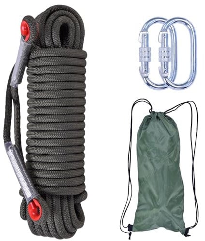 LZ.MZXU Kletterseil 20M 10mm Seil Kletterseil Outdoor Sicherheitsseil Rettungsseil Fallschirm-Seil Nylon Seil mit 2 karabiner für Camping Bergsteigen Outdoor Abenteuer Feuerleiter (Schwarz)