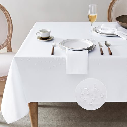 Softalker Outdoor Tischdecke Weiß Rechteckig 140x240 cm Abwaschbare Jacquard Geometrischem Tischtuch Table Cloth für Gartentisch Campingtisch Wohnzimmertisch (210 GSM Washable Fleckschutz)