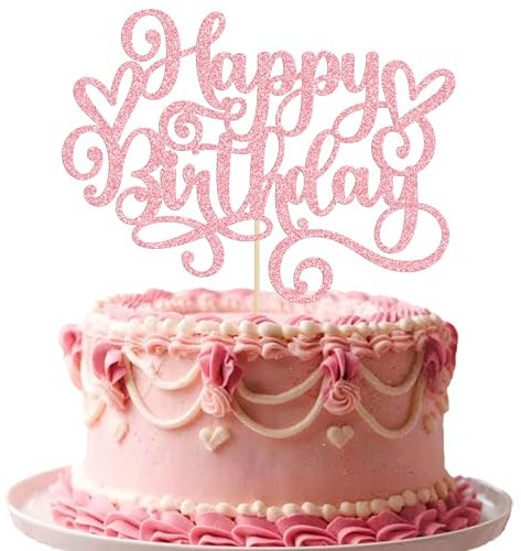 Gyufise 1Pcs Happy Birthday Cake Topper Glitter Cake Pick for Celebrating Anniversary Party Cake Decorations Supplies Pink