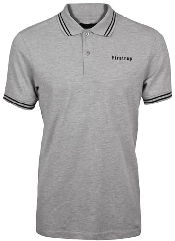 Firetrap Mens Polo Shirt Cotton Polos Tshirt Short Sleeve Summer Ribbed Tipping Collar Tshirts Top Grey Marl XL