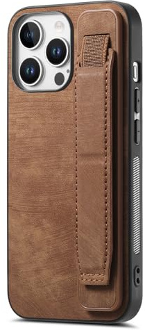 Omio Designed for iPhone 16 Pro Max Leather Case with Stand & Strap, Wrist Strap Leather Back Cover Hard PC Shockproof Finger Grip Case for Men Women Girls, Brown