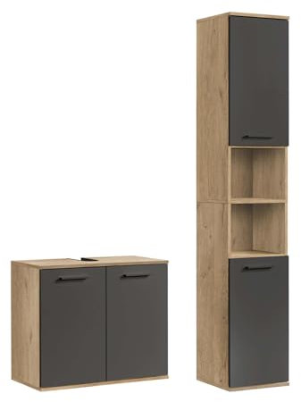 mokebo® Badmöbel Set 2-teilig aus Holz 'Der Steuermann', Badezimmer Set oder Komplettset mit Waschbeckenunterschrank und Hochschrank, Badezimmerschränke oder Badmöbel Garnitur in Eiche-Schwarz