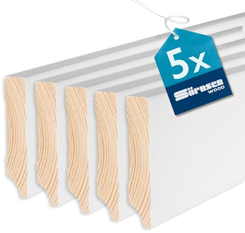Sörnsen Wood Sockelleiste Kiefer – 16x80x2400 mm, 5 Stück hochwertige Fußleisten mit eckigem Weimarer Profil – weiß RAL 9016 lackiert und damit extra langlebig