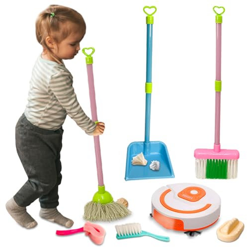 Koolbitz Interactive 7PCs Kids Cleaning Set with Simulation Vacuum Cleaner Robot - Includes Broom, Mop, Dustpan & More - Role Play Cleaning Toy for Kids Aged 3+ - Develops Child Skills 3+ Years