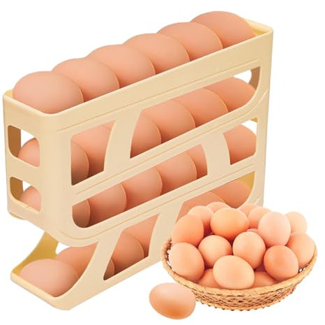 4-Tier Auto Rolling Egg Dispenser, Egg Holder for Fridge, Space-Saving Egg Holder, Auto Rolling Fridge Egg Organizer Stacked Egg Tray for Kitchen Refrigerator Table(Yellow)