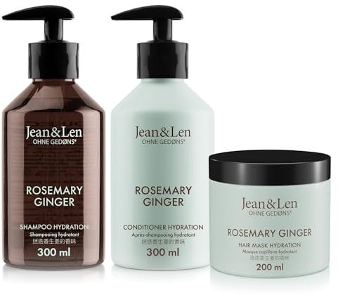 Jean & Len set per la cura dei capelli Rosmarino & Zenzero per capelli secchi e spenti, shampoo idratante, balsamo e trattamento per capelli, senza parabeni e siliconi, 2 x 300 ml + 1 x 200 ml