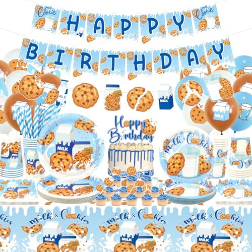Décorations de fête d'anniversaire au lait et biscuits, fournitures de fête au lait, assiettes, tasses, serviettes, nappe, bannière « Happy Birthday », décorations de gâteau
