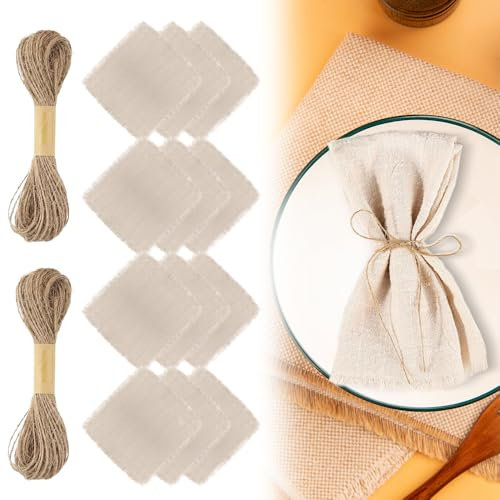KQWVZ 12 Stück Stoffservietten Mit Fransen, 42x42cm Leinenservietten, Leinen Servietten Mit 1 Stück 10m Schnur, Servietten Stoff Weich Abwaschbare Wiederverwendbar Für Hochzeit, Abendessen