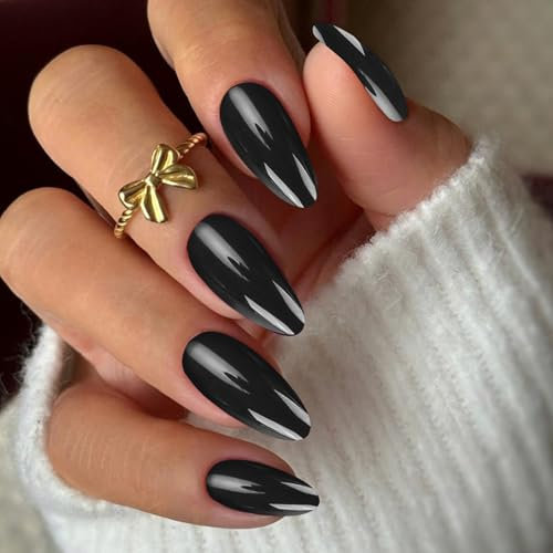 24 Stück Kurze Schwarze Kunstnägel Oval – Selbstklebende Fake Nägel mit Glanzeffekt, Wiederverwendbare Gel Nägel Kurz für Damen (Almond Design, Nagelset mit 12 Größen)