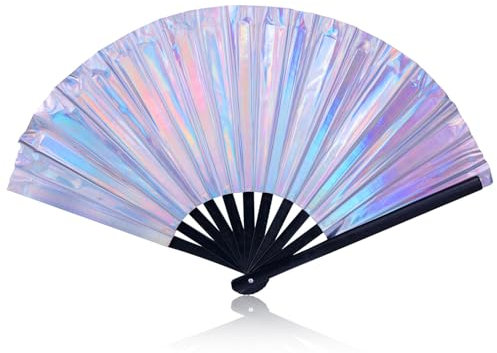 BOXOB Large Silver Handheld Rave Folding Fans, Holographic Laser Glitter Clack Folding Hand Fans for Dancing Women Foldable Fan Gifts for Night Club Wedding Dance Party Performance Outfit Props