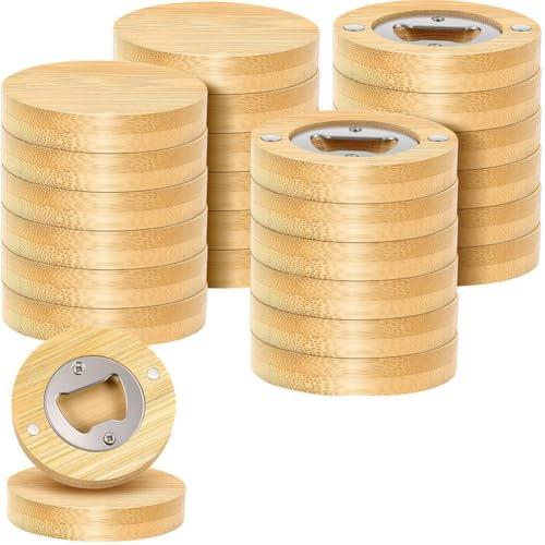 Ohulelks Abridor de Magnético de 24 Unidades, 6,35 cm, de Bambú Redondo, para Bricolaje, con Imán de Madera para Refrigerador.