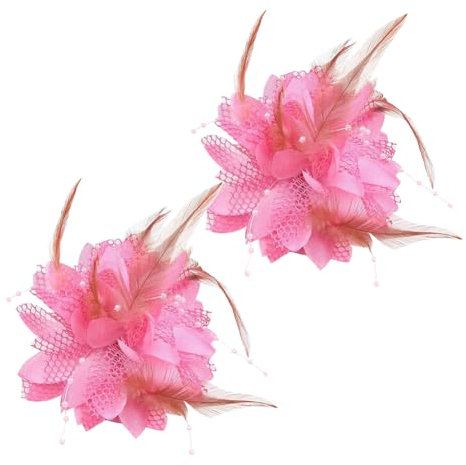 JIHUOO Lot de 2 bibi à plumes et fleurs - Grandes pinces à cheveux - Pour cocktail, thé, fête, mariage - Rose