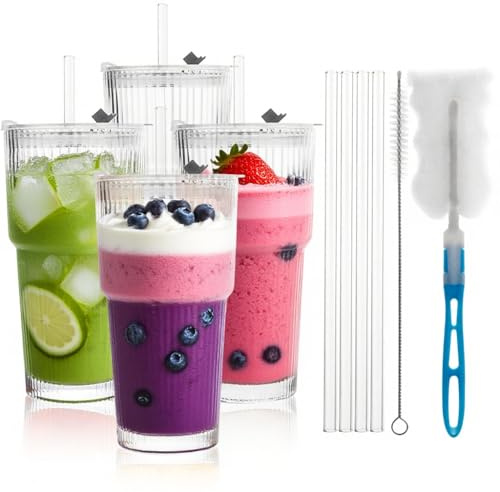 DAJAVE 4 Stück Gerippte Glasbecher mit Deckel und Strohhalm 600ML Dickwandige und robuste Smoothie Becher aus hochwertigem Glas, Eiskaffee Gläser, Longdrinkglas Set, Ideal als Kaffee