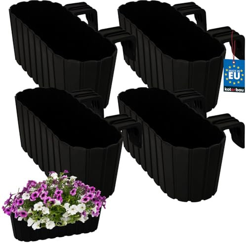 KOTARBAU® Lot de 4 pots de fleurs, 40 x 15 x 15 cm, anthracite, en PVC, pour balcon, balustrade de balcon, avec support, jardinière surélevée, balcon, pot de fleurs