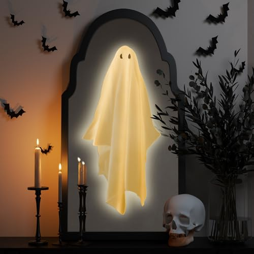 Vanpoo Halloween Decorations Indoor Outdoor,Big Size Light-Up Ghost Hologram Mirrors,Funny Halloween Ghosts Decorations,Scary Gothic Mirror for Party Fireplace Bedroom,Haunted House Props 20x9.5 inch