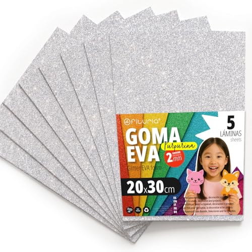 OFITURIA Glitzer-Moosgummi für Bastelarbeiten, Bunter Schaumstoff mit Glitzer für DIY, kreative Projekte, Kunst und Schule 20x30cm (Weiß, 5 Stk)