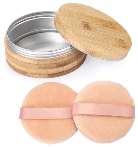 TOLIDA Bamboo Body Powder Puffs & Container, 10oz Case, 11.5 * 11.5 * 4.8cm | Large Aluminum Inner Jar, Travel Loose Dusting Powder Storage, Empty Talcum Case For Baby Women, Multi-Use Storage Jar